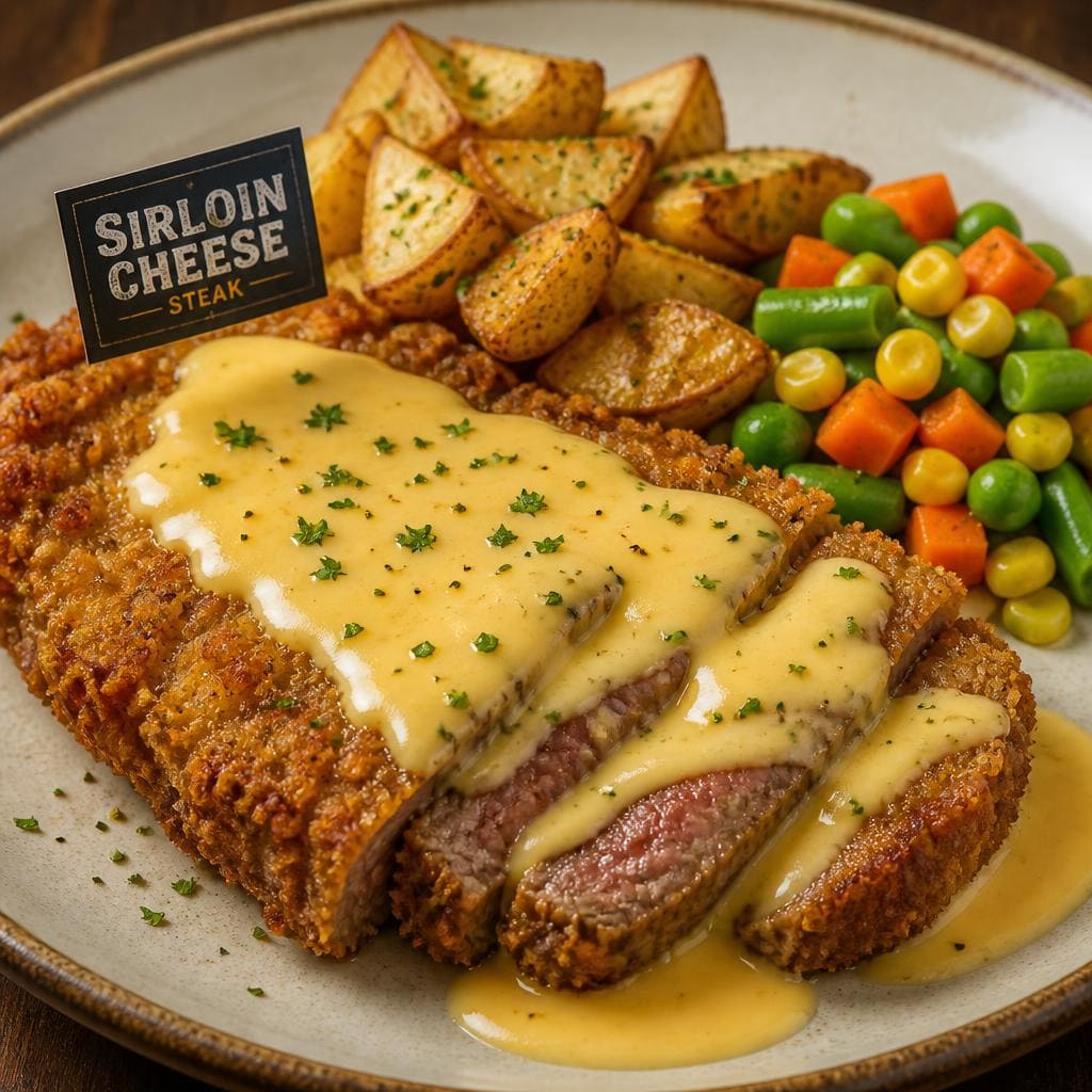 Sirloin Cheese dengan steak daging sapi bagian has luar dan saus keju